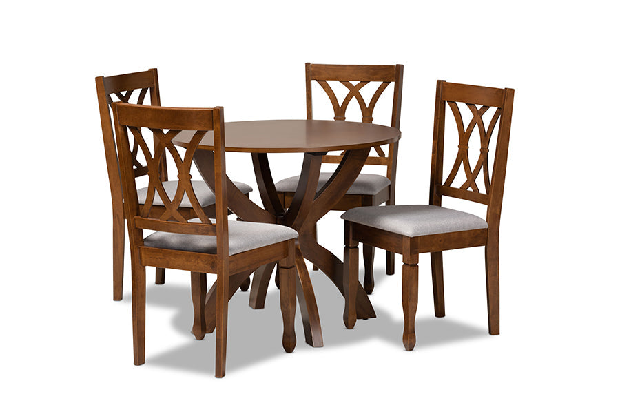 Baxton Studio April Modern and Contemporary Grey Fabric Upholstered and Walnut Brown Finished Wood 5-Piece Dining Set