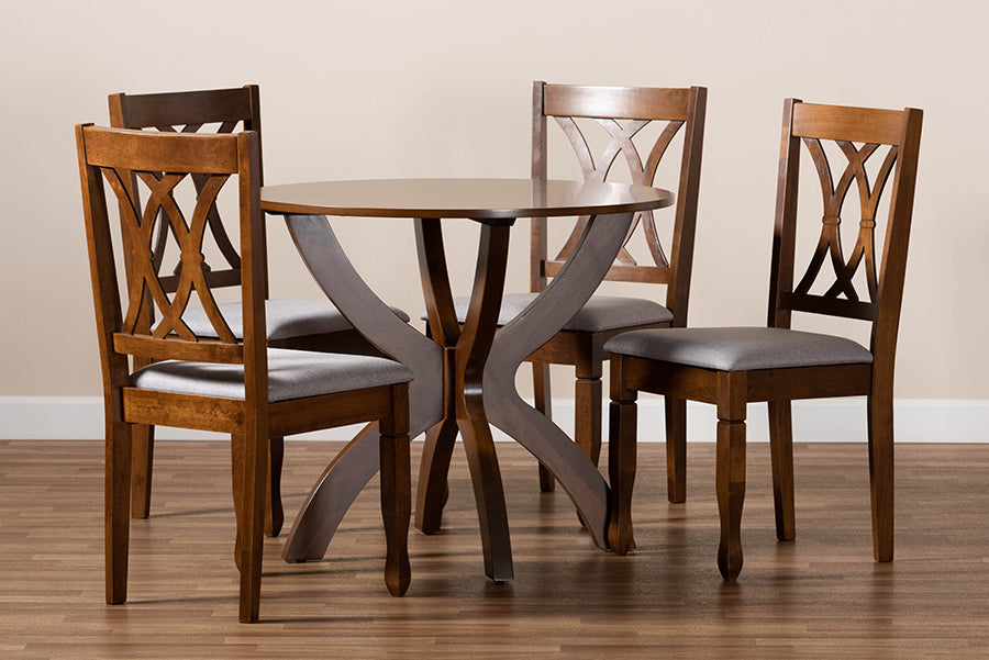 Baxton Studio April Modern and Contemporary Grey Fabric Upholstered and Walnut Brown Finished Wood 5-Piece Dining Set