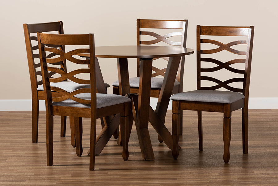Baxton Studio Ariane Modern and Contemporary Grey Fabric Upholstered and Walnut Brown Finished Wood 5-Piece Dining Set