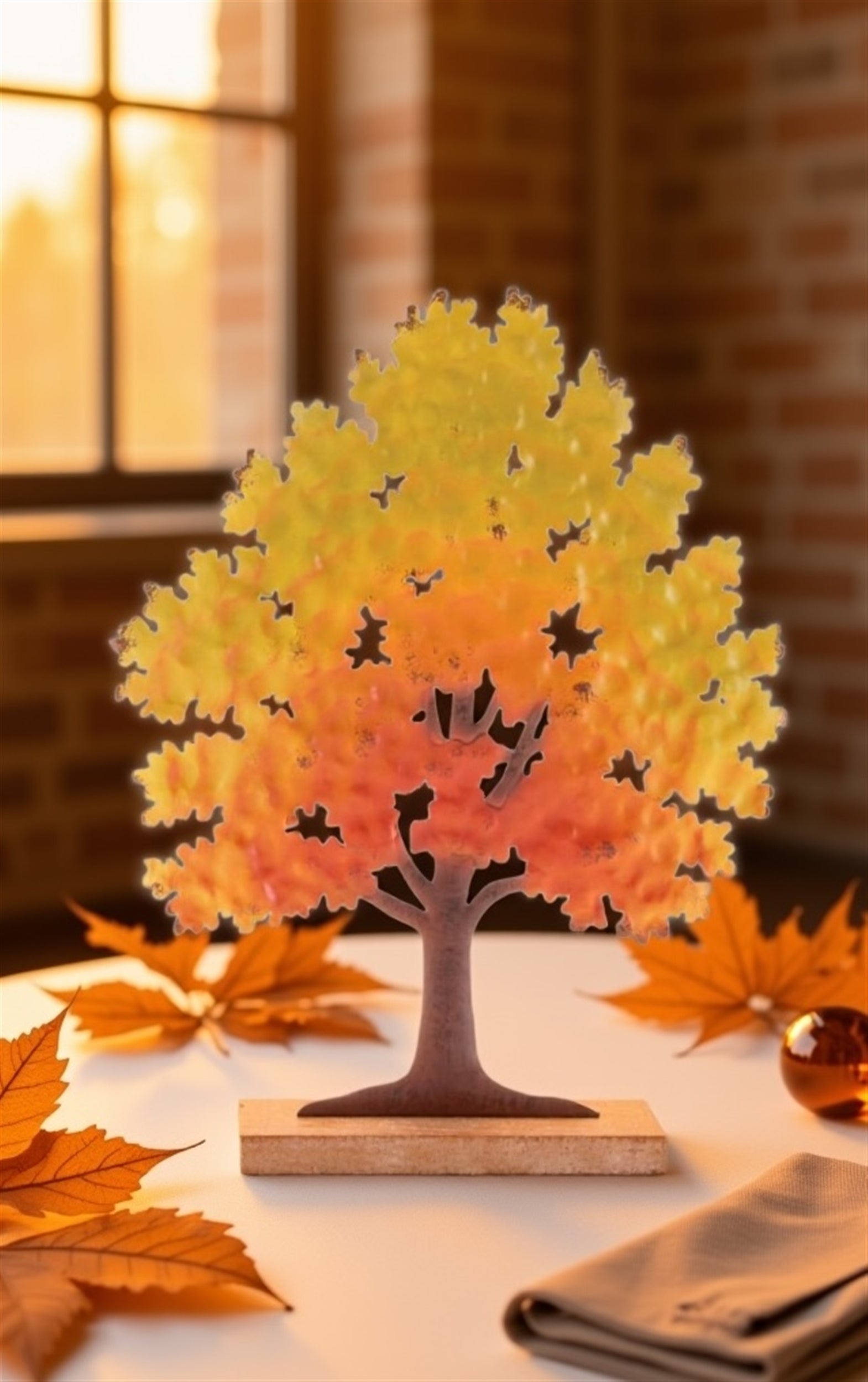 Cut-Out Metal Tree on Wood Base 13"H