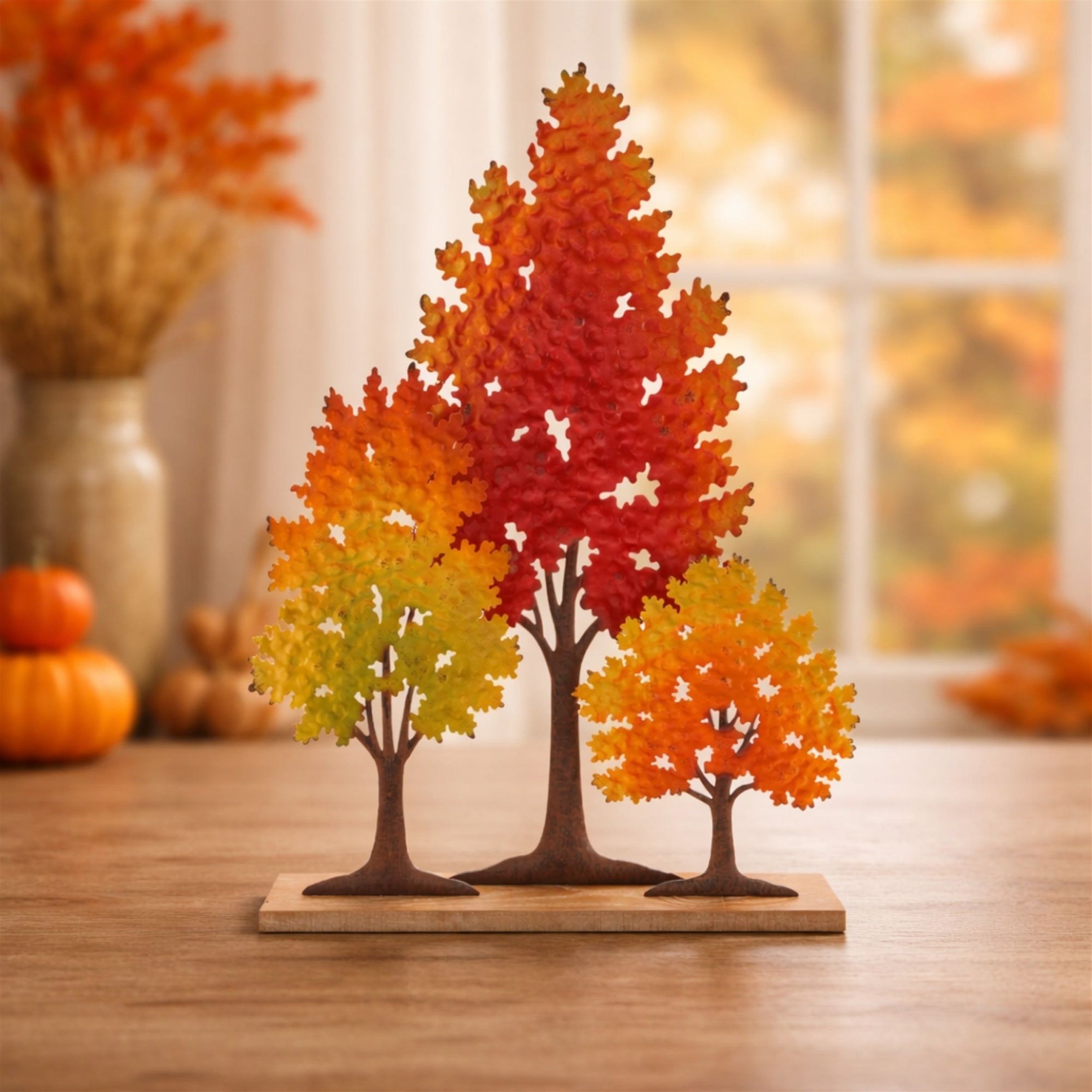Cut-Out Metal Trees on Wood Base 24.5"H