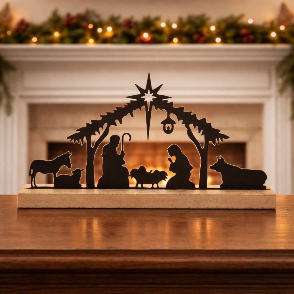 Metal Nativity Silhouette with Wood Base 11.75"L