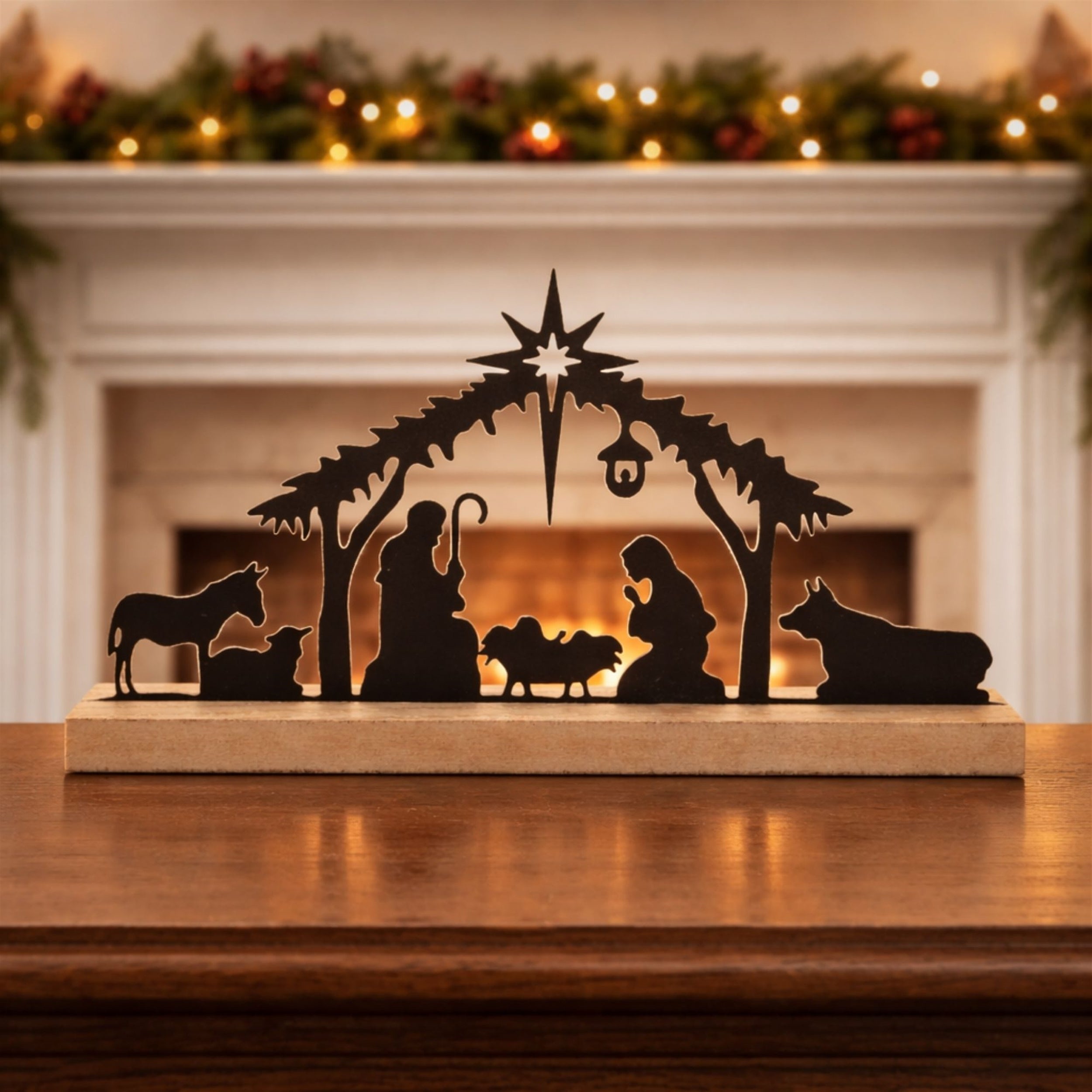 Metal Nativity Silhouette with Wood Base 11.75"L