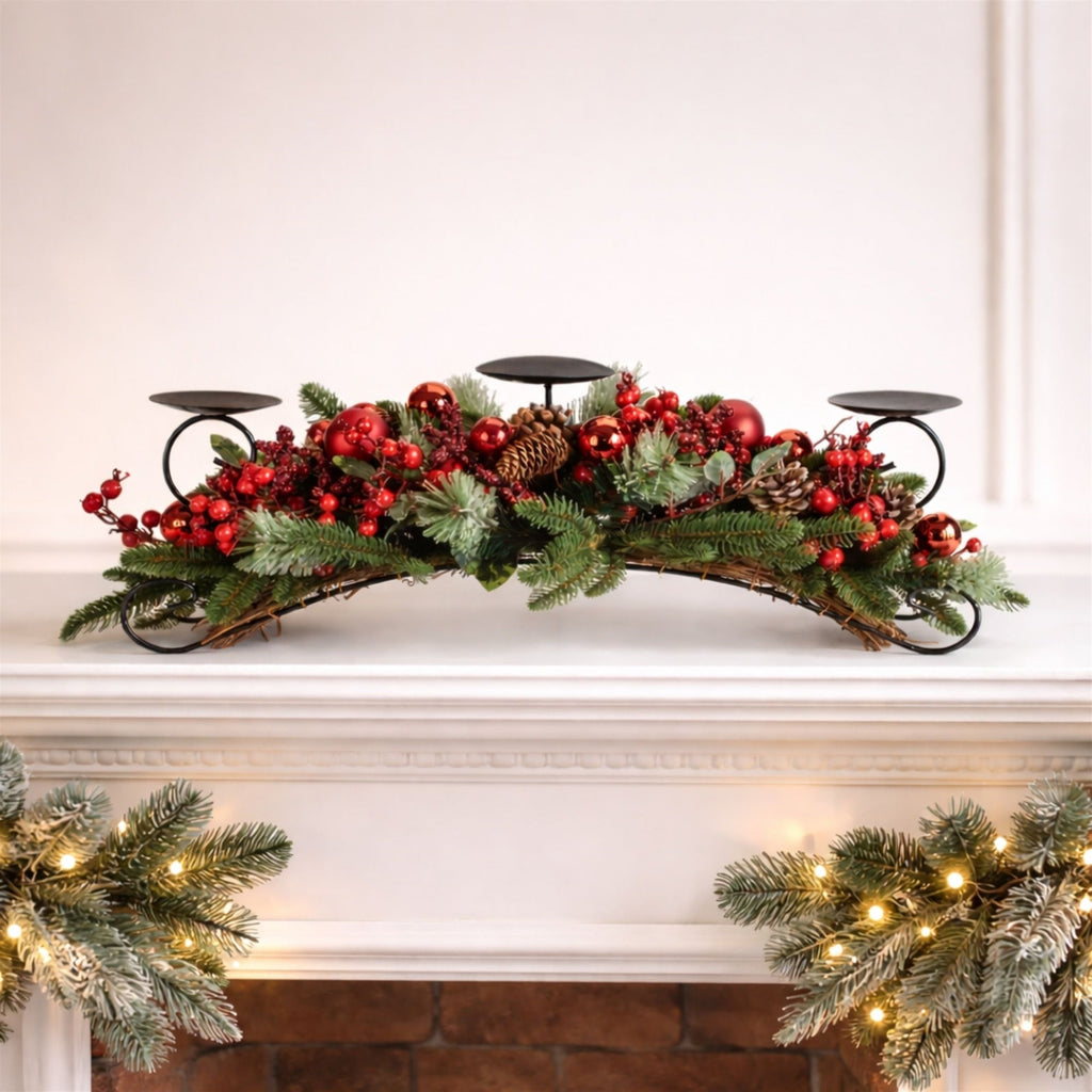 Decorated Pine and Berry Centerpiece Candle Holder 29"L
