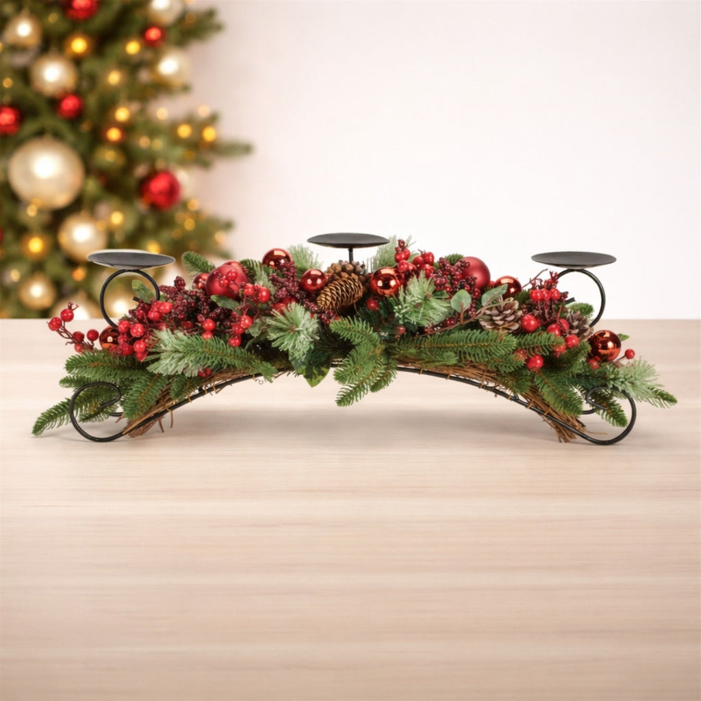 Decorated Pine and Berry Centerpiece Candle Holder 29"L