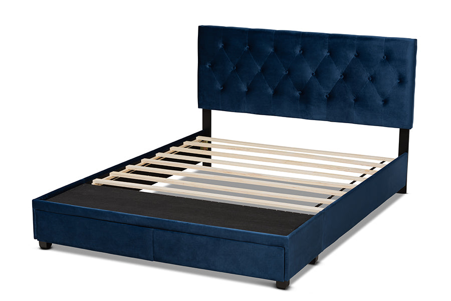 Baxton Studio Caronia Modern and Contemporary Navy Blue Velvet Fabric Upholstered 2-Drawer Queen Size Platform Storage Bed