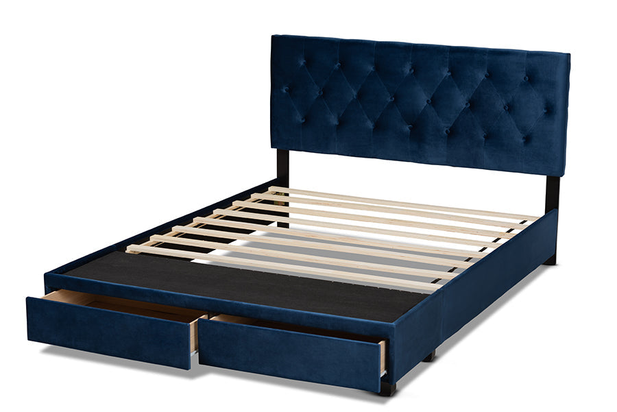 Baxton Studio Caronia Modern and Contemporary Navy Blue Velvet Fabric Upholstered 2-Drawer Queen Size Platform Storage Bed