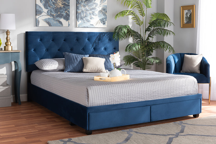 Baxton Studio Caronia Modern and Contemporary Navy Blue Velvet Fabric Upholstered 2-Drawer Queen Size Platform Storage Bed