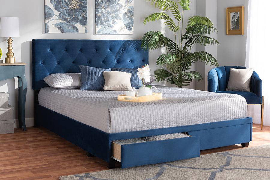 Baxton Studio Caronia Modern and Contemporary Navy Blue Velvet Fabric Upholstered 2-Drawer Queen Size Platform Storage Bed