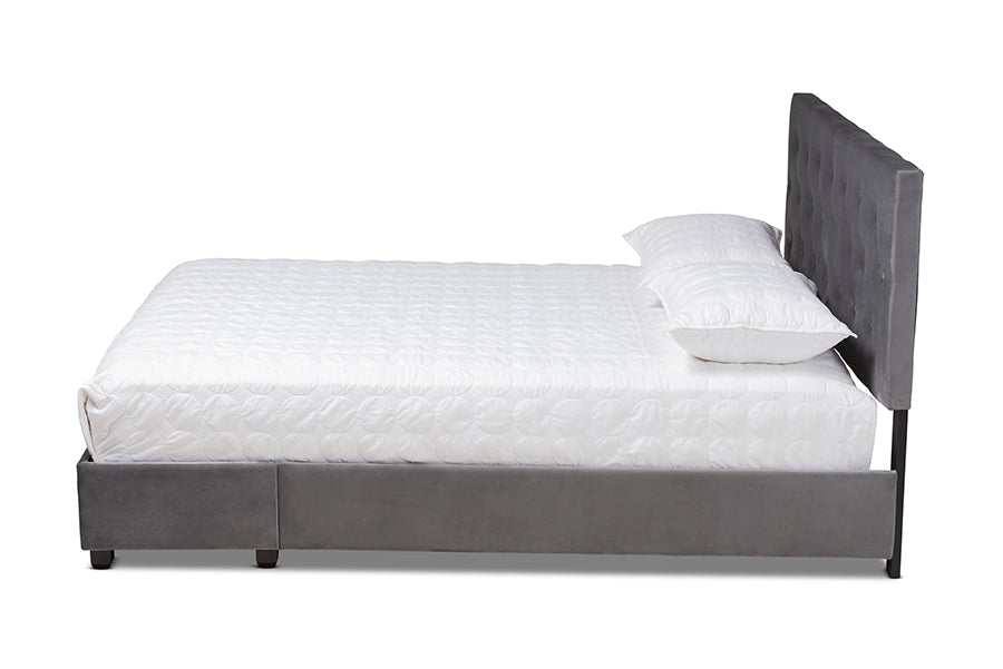 Baxton Studio Caronia Modern and Contemporary Grey Velvet Fabric Upholstered 2-Drawer King Size Platform Storage Bed