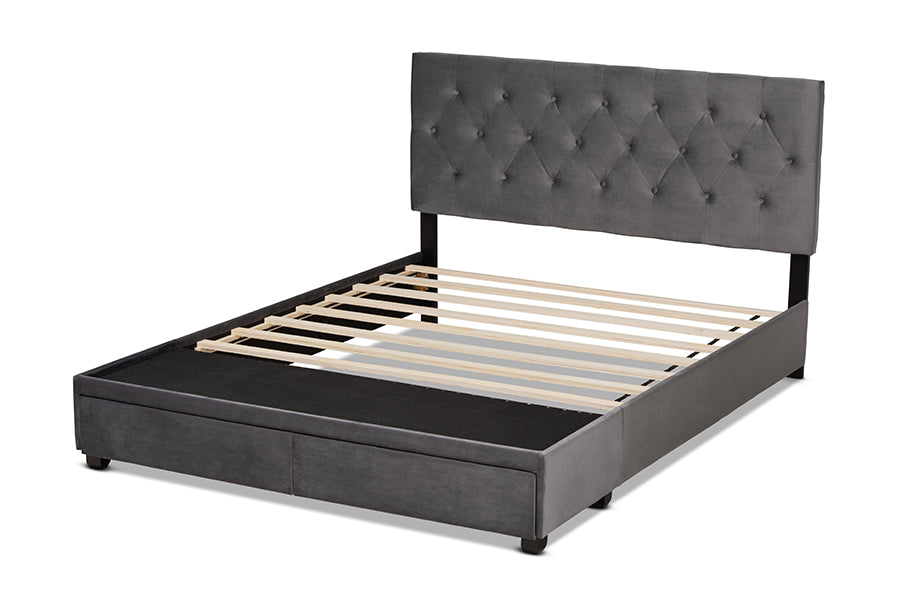 Baxton Studio Caronia Modern and Contemporary Grey Velvet Fabric Upholstered 2-Drawer King Size Platform Storage Bed