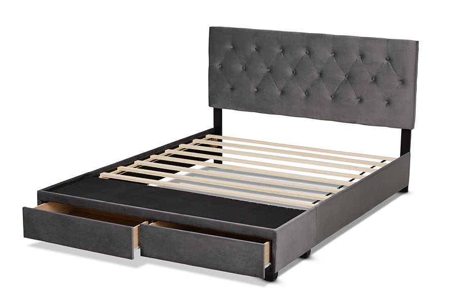 Baxton Studio Caronia Modern and Contemporary Grey Velvet Fabric Upholstered 2-Drawer King Size Platform Storage Bed