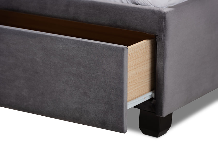 Baxton Studio Caronia Modern and Contemporary Grey Velvet Fabric Upholstered 2-Drawer King Size Platform Storage Bed