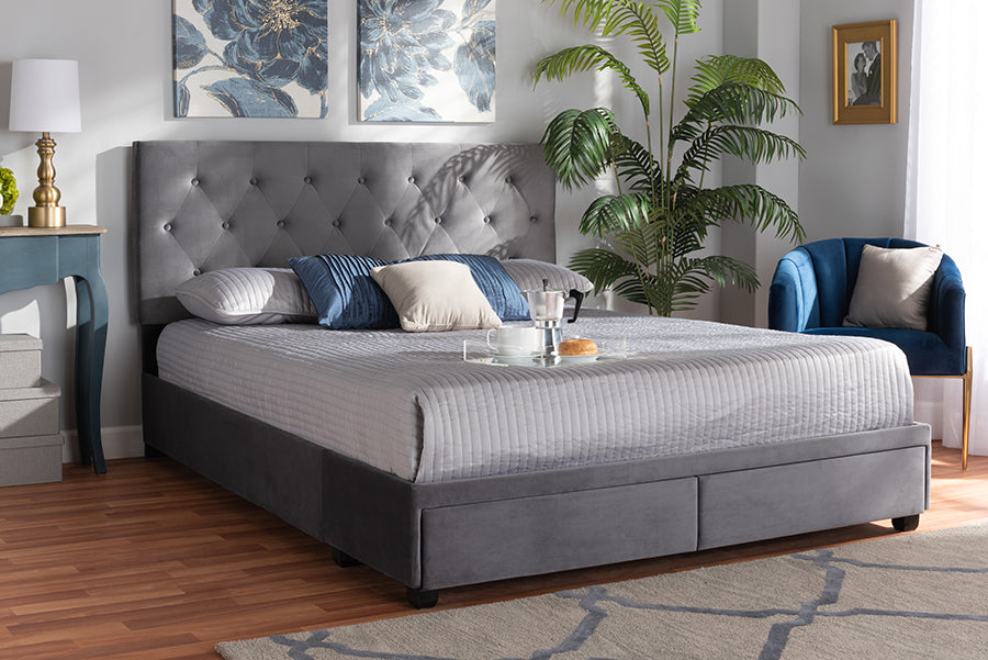 Baxton Studio Caronia Modern and Contemporary Grey Velvet Fabric Upholstered 2-Drawer King Size Platform Storage Bed