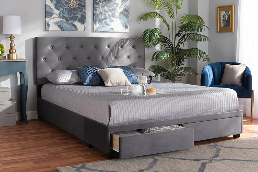 Baxton Studio Caronia Modern and Contemporary Grey Velvet Fabric Upholstered 2-Drawer King Size Platform Storage Bed