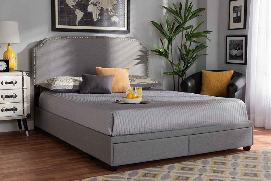 Baxton Studio Larese Light Grey Fabric Upholstered 2-Drawer King Size Platform Storage Bed