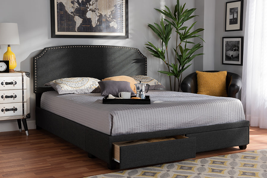 Baxton Studio Larese Dark Grey Fabric Upholstered 2-Drawer Queen Size Platform Storage Bed