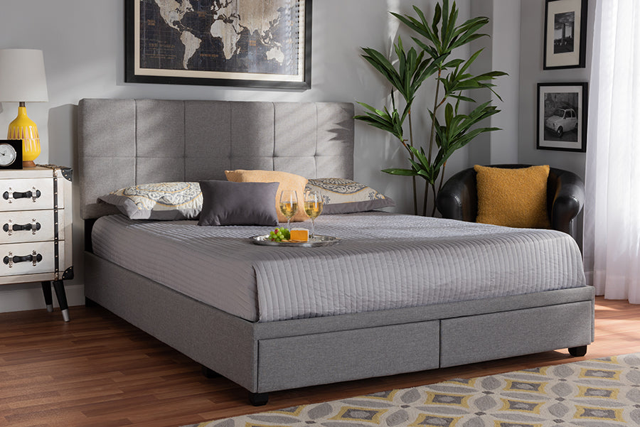 Baxton Studio Netti Light Grey Fabric Upholstered 2-Drawer Queen Size Platform Storage Bed