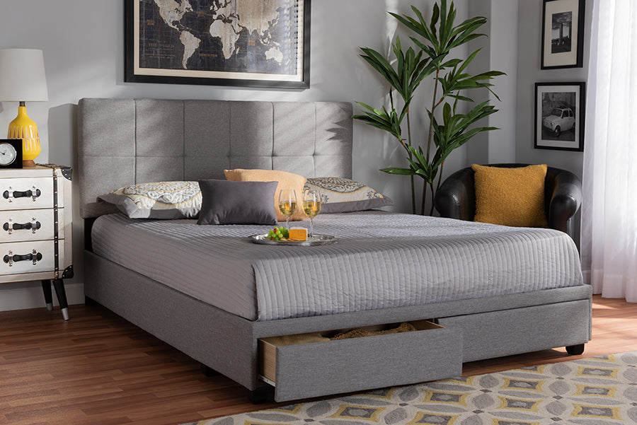 Baxton Studio Netti Light Grey Fabric Upholstered 2-Drawer Queen Size Platform Storage Bed