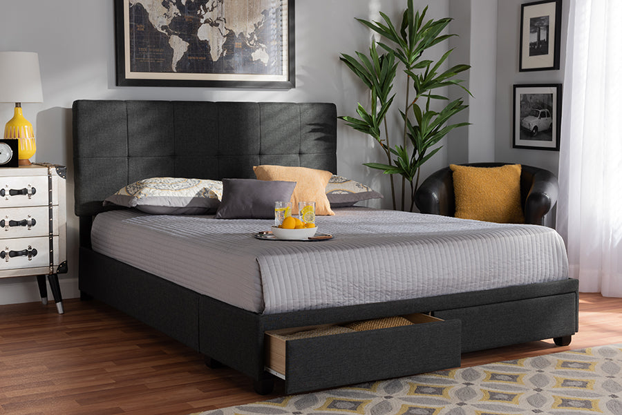 Baxton Studio Netti Dark Grey Fabric Upholstered 2-Drawer King Size Platform Storage Bed
