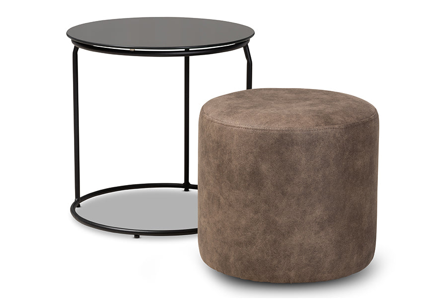 Baxton Studio Kira Modern and Contemporary Black with Grey and Brown 2-Piece Nesting Table and Ottoman Set