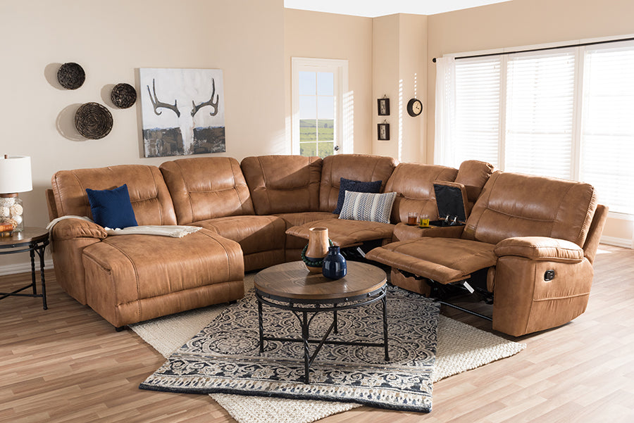 Baxton Studio Mistral Modern and Contemporary Light Brown Palomino Suede 6-Piece Sectional with Recliners Corner Lounge Suite
