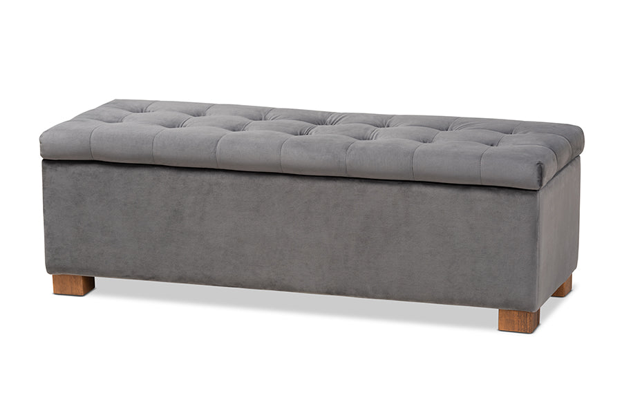 Baxton Studio Roanoke Modern and Contemporary Grey Velvet Fabric Upholstered Grid-Tufted Storage Ottoman Bench
