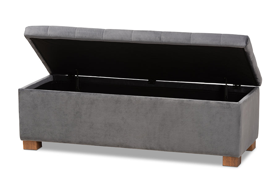 Baxton Studio Roanoke Modern and Contemporary Grey Velvet Fabric Upholstered Grid-Tufted Storage Ottoman Bench