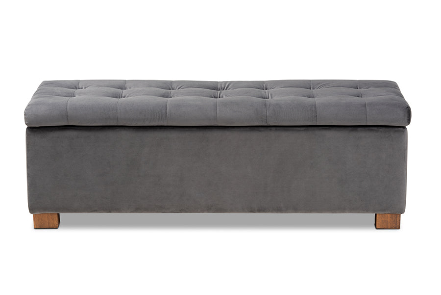 Baxton Studio Roanoke Modern and Contemporary Grey Velvet Fabric Upholstered Grid-Tufted Storage Ottoman Bench