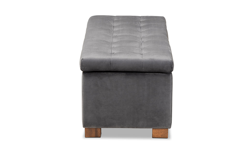 Baxton Studio Roanoke Modern and Contemporary Grey Velvet Fabric Upholstered Grid-Tufted Storage Ottoman Bench