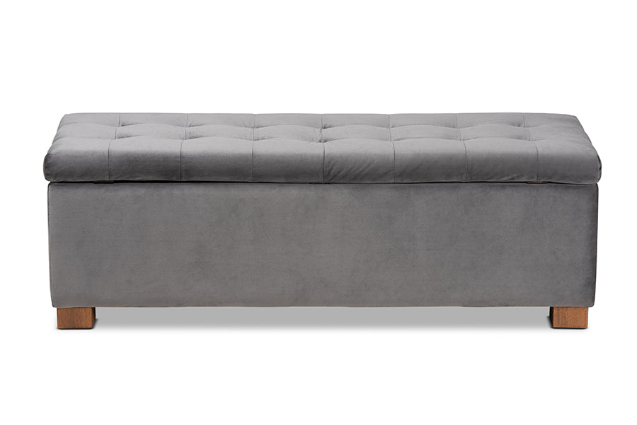 Baxton Studio Roanoke Modern and Contemporary Grey Velvet Fabric Upholstered Grid-Tufted Storage Ottoman Bench