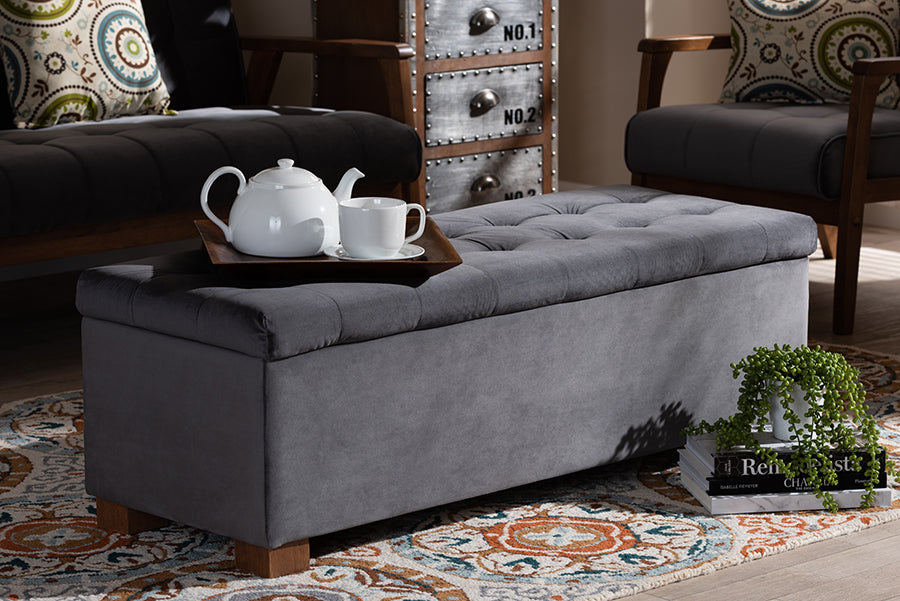 Baxton Studio Roanoke Modern and Contemporary Grey Velvet Fabric Upholstered Grid-Tufted Storage Ottoman Bench