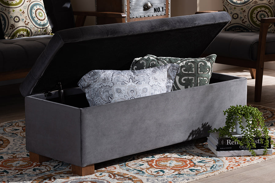 Baxton Studio Roanoke Modern and Contemporary Grey Velvet Fabric Upholstered Grid-Tufted Storage Ottoman Bench
