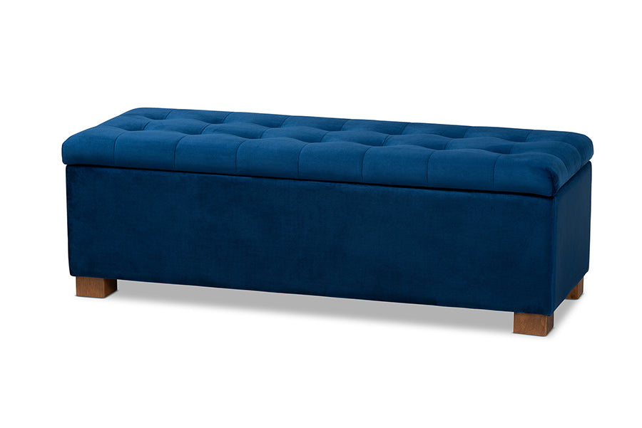 Baxton Studio Roanoke Modern and Contemporary Navy Blue Velvet Fabric Upholstered Grid-Tufted Storage Ottoman Bench