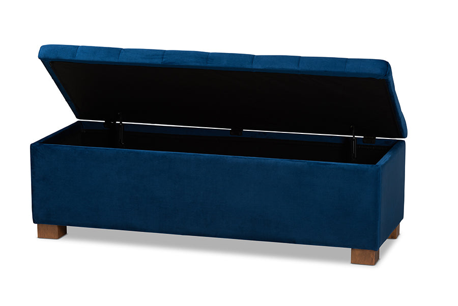 Baxton Studio Roanoke Modern and Contemporary Navy Blue Velvet Fabric Upholstered Grid-Tufted Storage Ottoman Bench