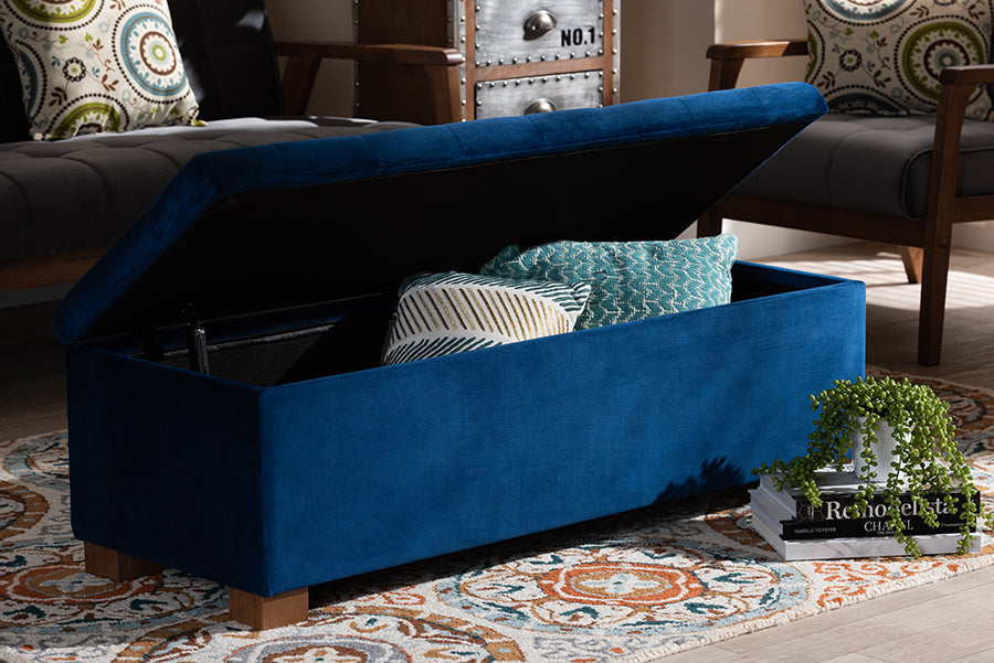 Baxton Studio Roanoke Modern and Contemporary Navy Blue Velvet Fabric Upholstered Grid-Tufted Storage Ottoman Bench