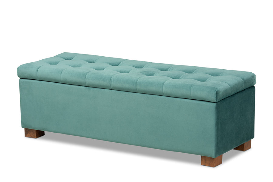 Baxton Studio Roanoke Modern and Contemporary Teal Blue Velvet Fabric Upholstered Grid-Tufted Storage Ottoman Bench