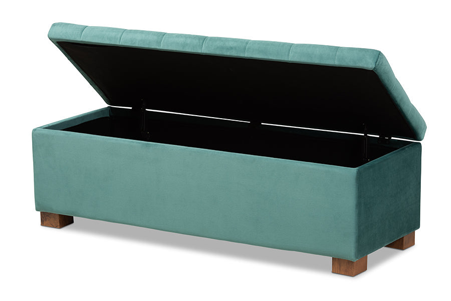 Baxton Studio Roanoke Modern and Contemporary Teal Blue Velvet Fabric Upholstered Grid-Tufted Storage Ottoman Bench