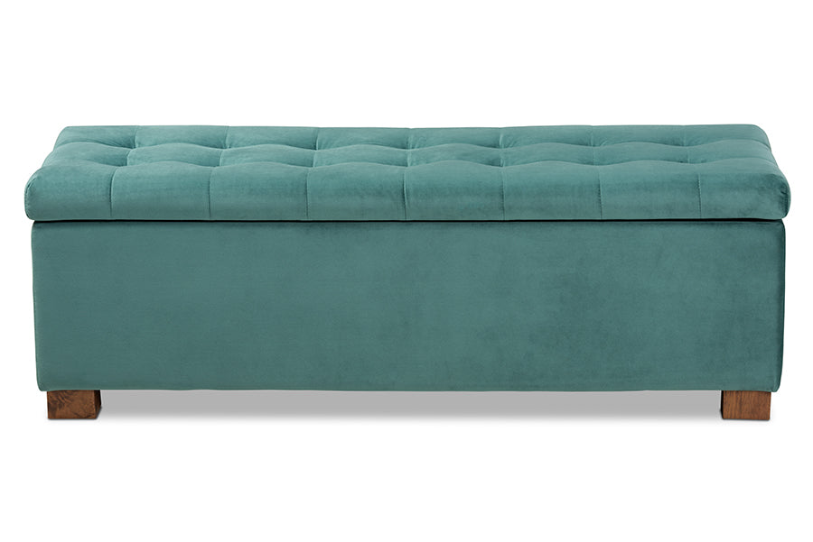 Baxton Studio Roanoke Modern and Contemporary Teal Blue Velvet Fabric Upholstered Grid-Tufted Storage Ottoman Bench