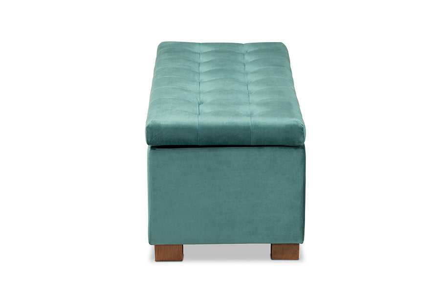Baxton Studio Roanoke Modern and Contemporary Teal Blue Velvet Fabric Upholstered Grid-Tufted Storage Ottoman Bench