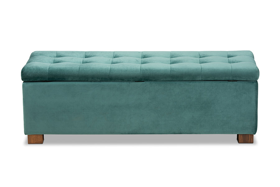 Baxton Studio Roanoke Modern and Contemporary Teal Blue Velvet Fabric Upholstered Grid-Tufted Storage Ottoman Bench