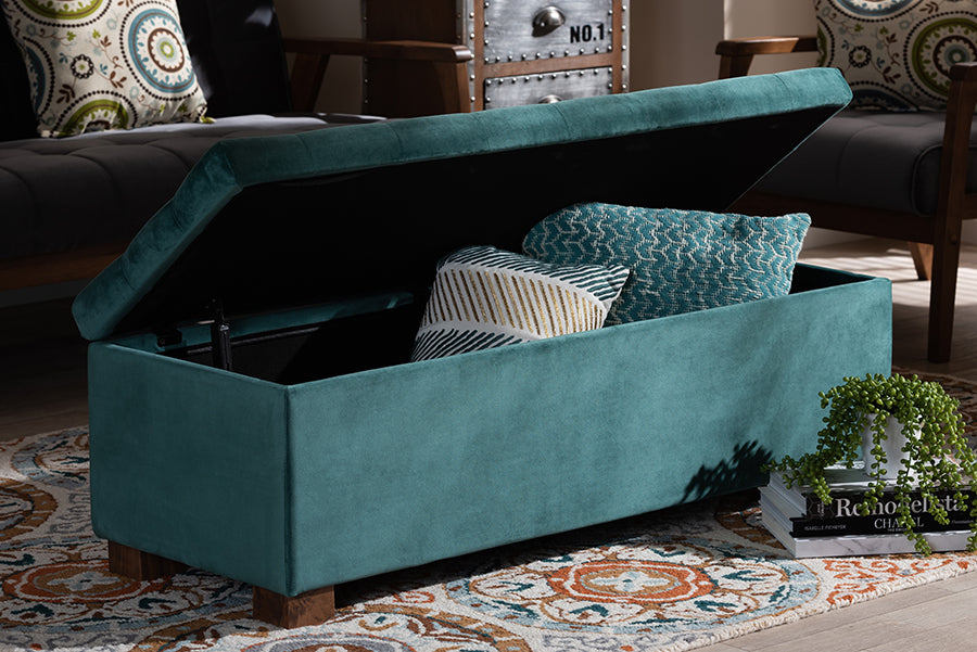 Baxton Studio Roanoke Modern and Contemporary Teal Blue Velvet Fabric Upholstered Grid-Tufted Storage Ottoman Bench