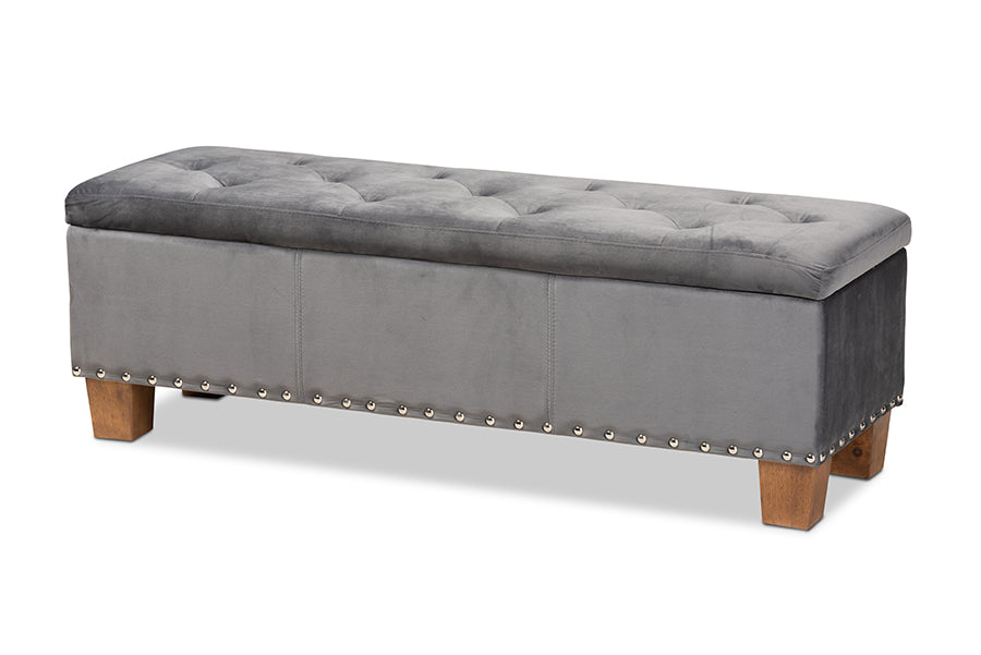Baxton Studio Hannah Modern and Contemporary Grey Velvet Fabric Upholstered Button-Tufted Storage Ottoman Bench