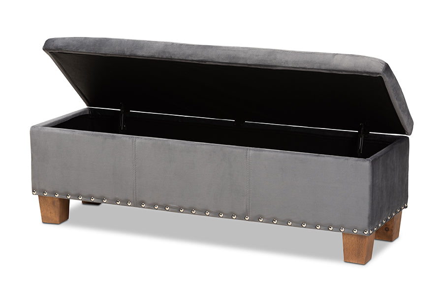 Baxton Studio Hannah Modern and Contemporary Grey Velvet Fabric Upholstered Button-Tufted Storage Ottoman Bench