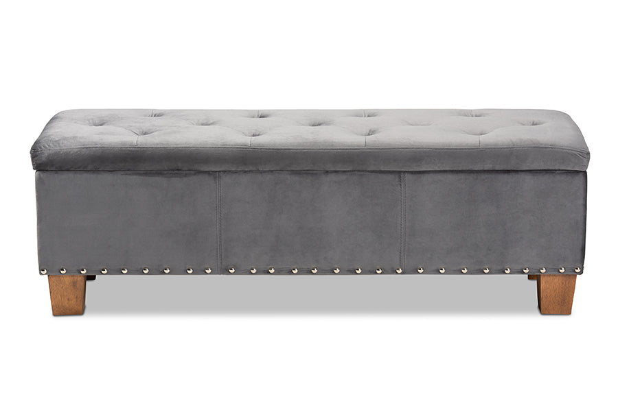 Baxton Studio Hannah Modern and Contemporary Grey Velvet Fabric Upholstered Button-Tufted Storage Ottoman Bench