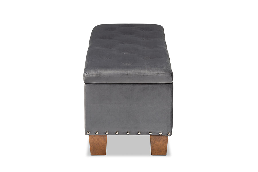 Baxton Studio Hannah Modern and Contemporary Grey Velvet Fabric Upholstered Button-Tufted Storage Ottoman Bench