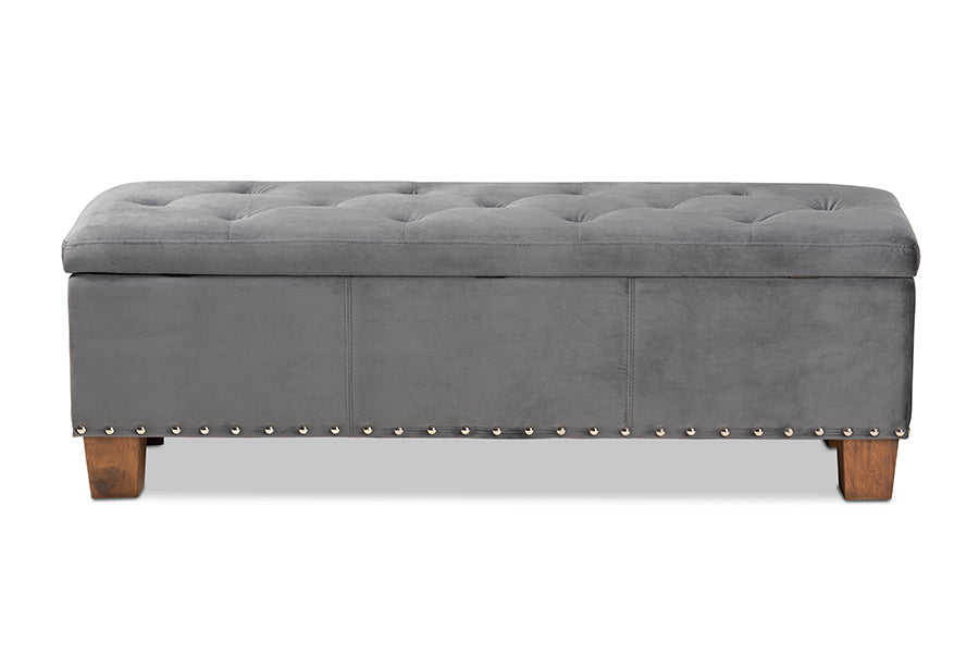 Baxton Studio Hannah Modern and Contemporary Grey Velvet Fabric Upholstered Button-Tufted Storage Ottoman Bench