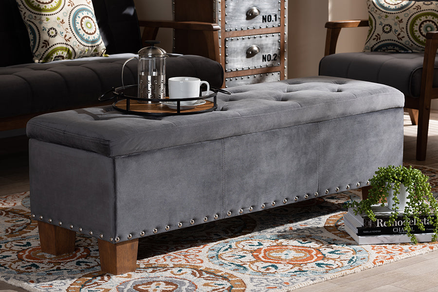 Baxton Studio Hannah Modern and Contemporary Grey Velvet Fabric Upholstered Button-Tufted Storage Ottoman Bench