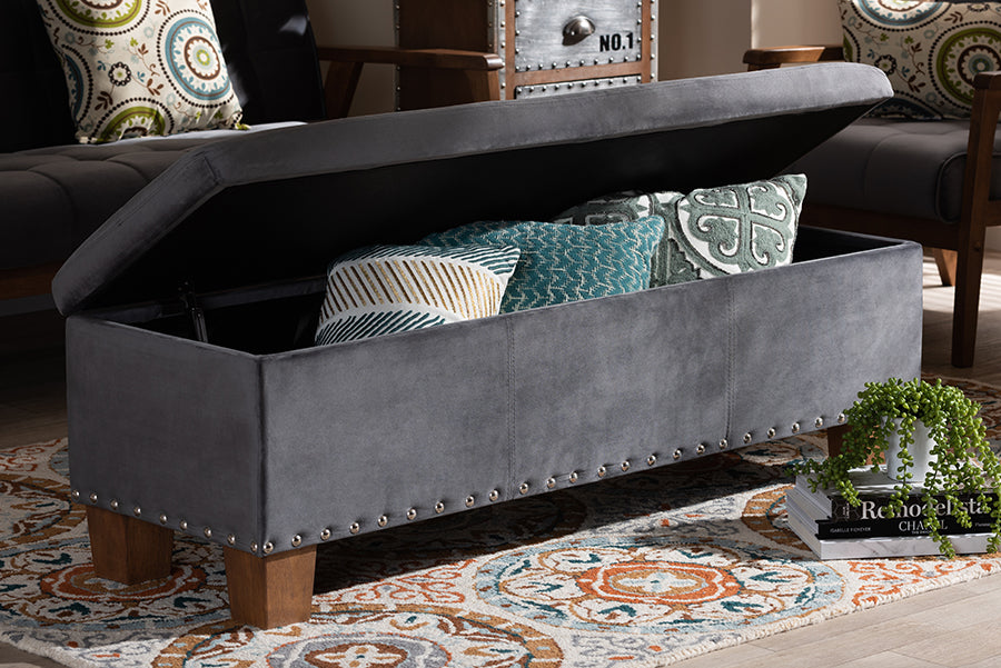 Baxton Studio Hannah Modern and Contemporary Grey Velvet Fabric Upholstered Button-Tufted Storage Ottoman Bench