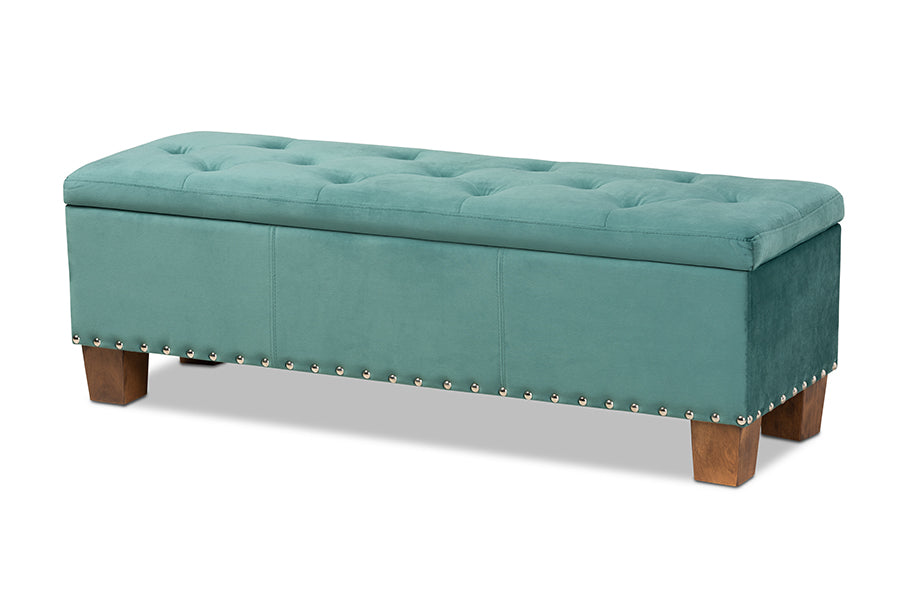 Baxton Studio Hannah Modern and Contemporary Teal Blue Velvet Fabric Upholstered Button-Tufted Storage Ottoman Bench
